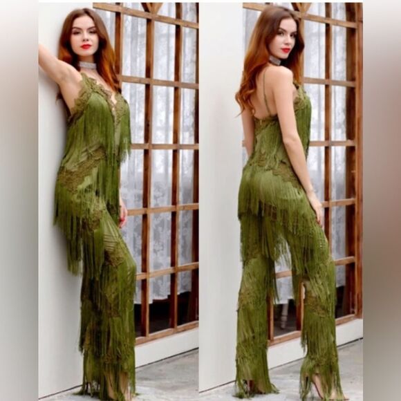 🍄MissOrd Olive Green Fringe Tassel Jumpsuit Lace Size L (AA1) - Picture 2 of 13